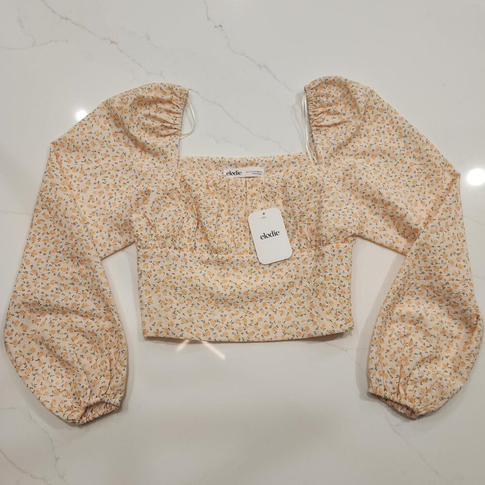 NEW Elodie Sz XS Crop Top yellow floral AOP trendy balloon sleeves Cottagecore